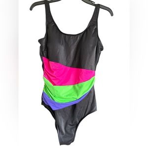 Batton Body L.D. Vintage Tummy Stripe Ruched One Piece Swimsuit Women Size 16